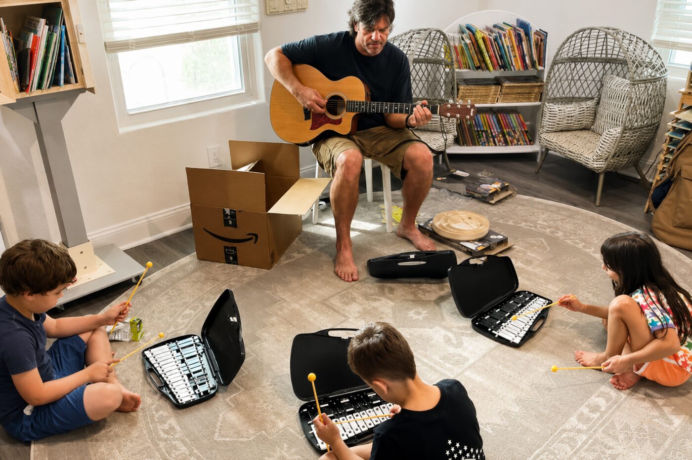 Young children playing glockenspiels in a circle while an instructor plays guitar